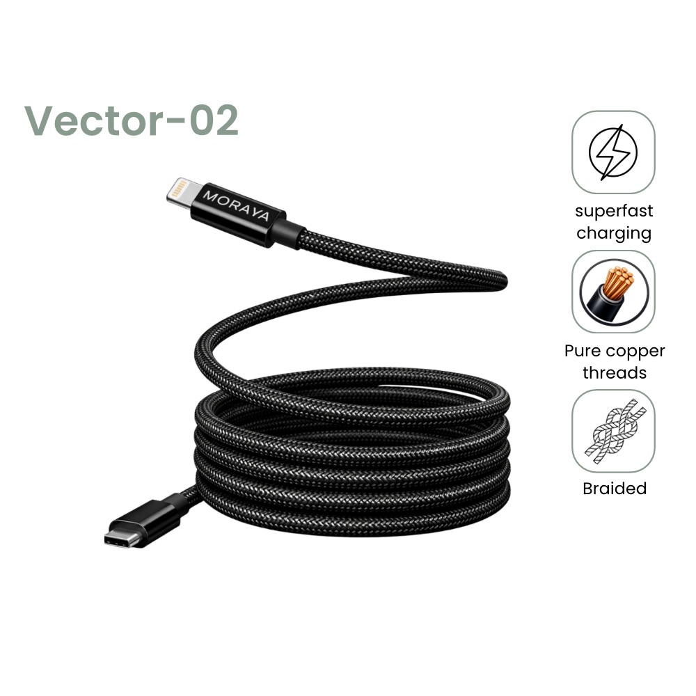MORAYA | VECTOR -02 | Lightning Fast Charging Cable, USB-C to Lightning 60W, 1M Braided