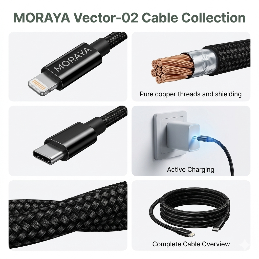 MORAYA | VECTOR -02 | Lightning Fast Charging Cable, USB-C to Lightning 60W, 1M Braided