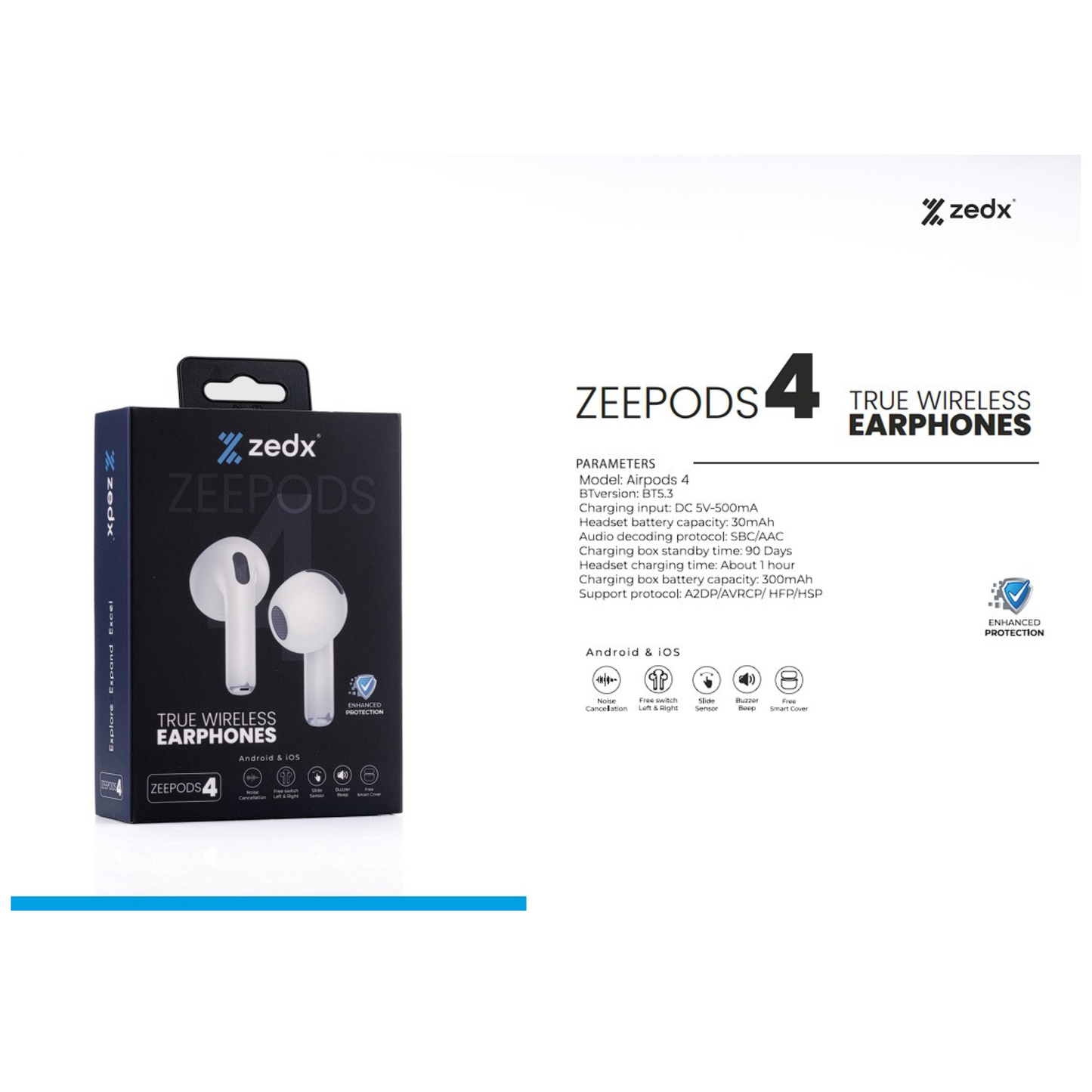ZEDX ZEEPODS 4- Charging box standby time: 90 Days