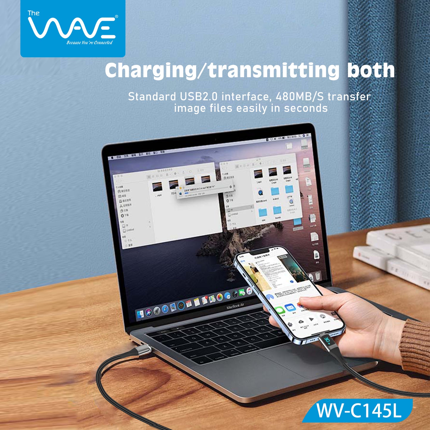 كابل العرض الرقمي Wave بطول 1 متر من النوع C إلى Lightning بقوة 30 واط C145L