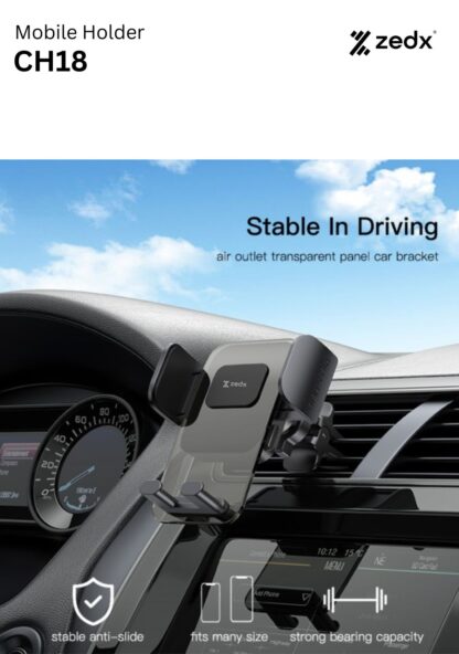 ZEDX CH18 Air Vent Phone Holder | Transparent Car Phone Mount with Auto Clip Button – Black