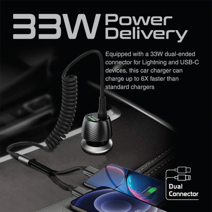 Promate PowerDrive-33DCI 33W Car Charger with Built-in USB-C & Lightning Cable