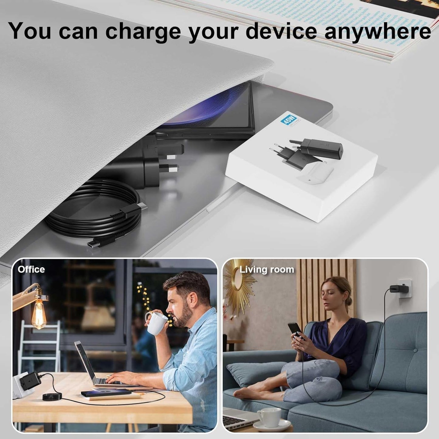 45W Super Fast Charger for Samsung Galaxy Charger Head with 1M Charging Cable