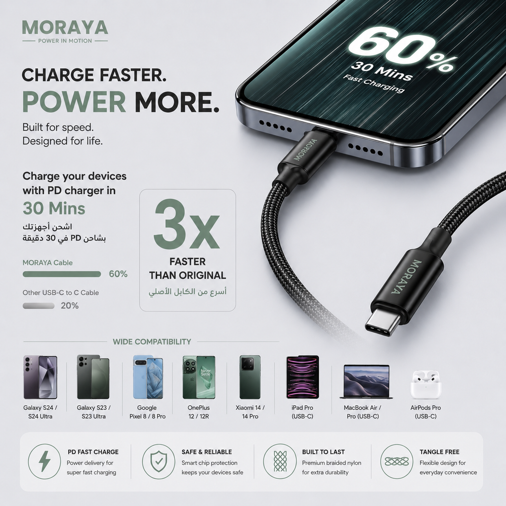 MORAYA VECTOR -01 USB-C to USB-C Charging Cable 60W, 1M Braided