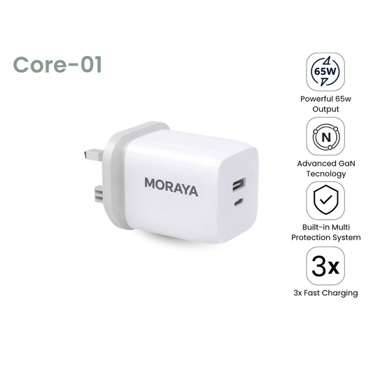 MORAYA | CORE-01 | 65W GaN Fast Charging Adapter | Dual Port USB-C + USB A Wall Charger for Laptop, Phone & Tablet