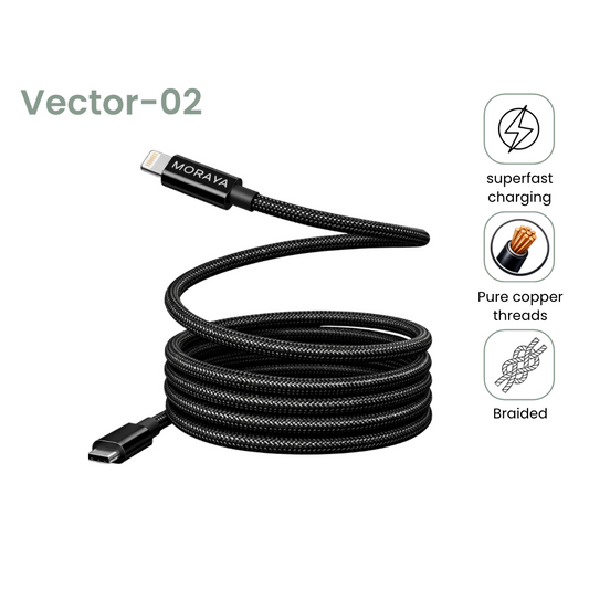MORAYA | VECTOR -02 | Lightning Fast Charging Cable, USB-C to Lightning 60W, 1M Braided