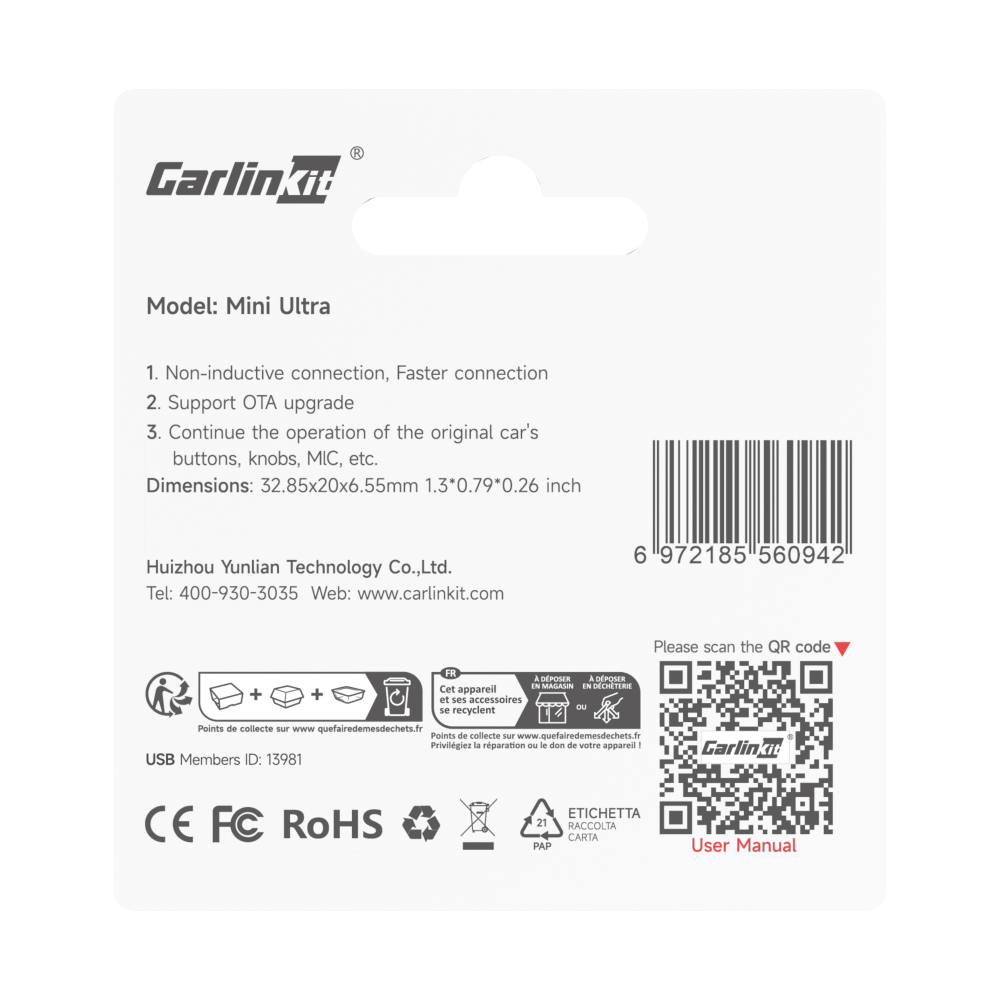 Carlinkit Mini Ultra1 – Wireless CarPlay & Android Auto Adapter (Convert Wired to Wireless)