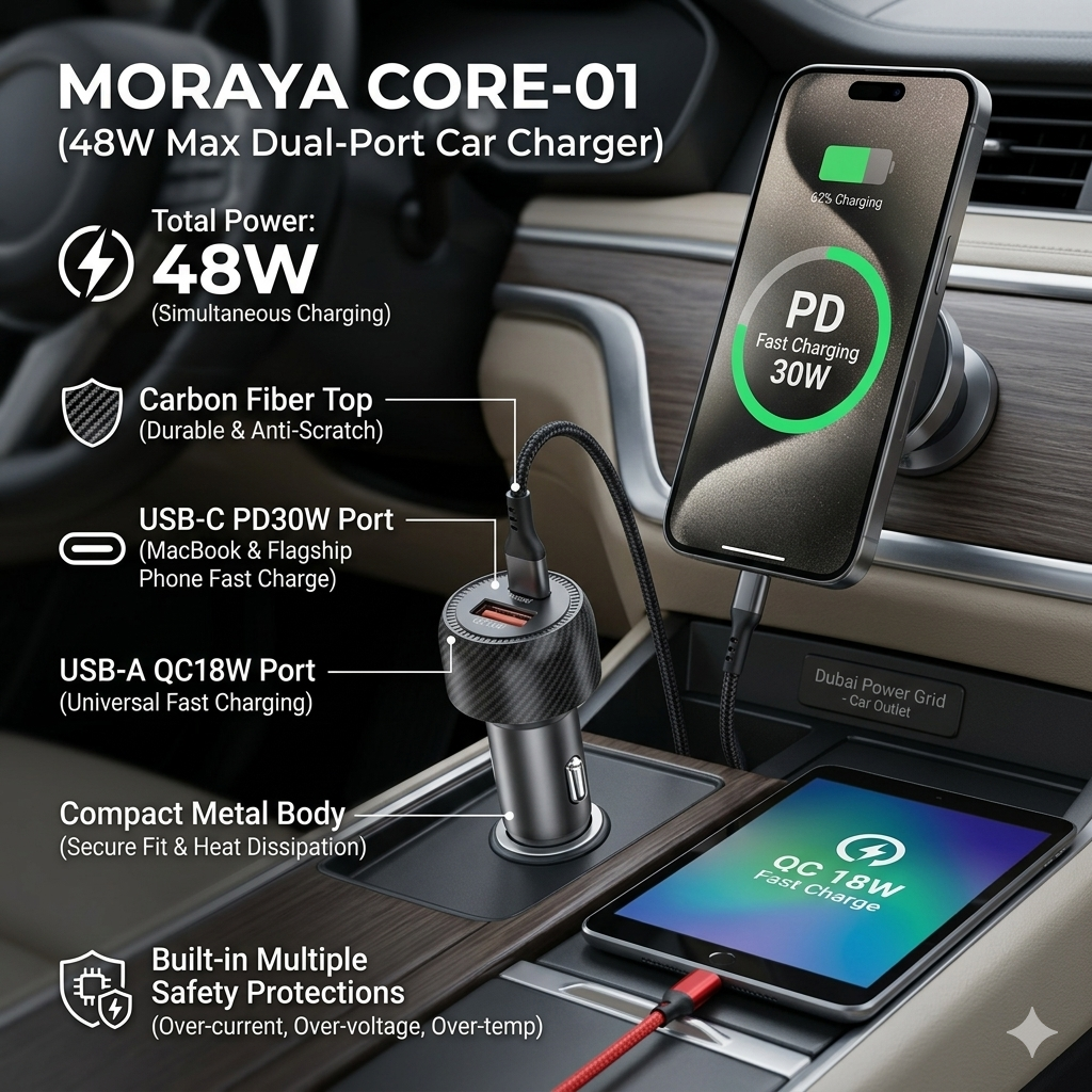 MORAYA | NODE-01 | 48W USB C Car Charger, Dual Port PD + QC Super Fast Car Charger Adapter