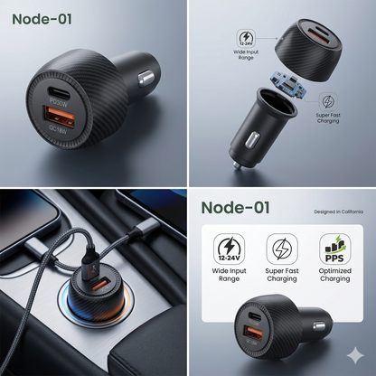MORAYA | NODE-01 | 48W USB C Car Charger, Dual Port PD + QC Super Fast Car Charger Adapter