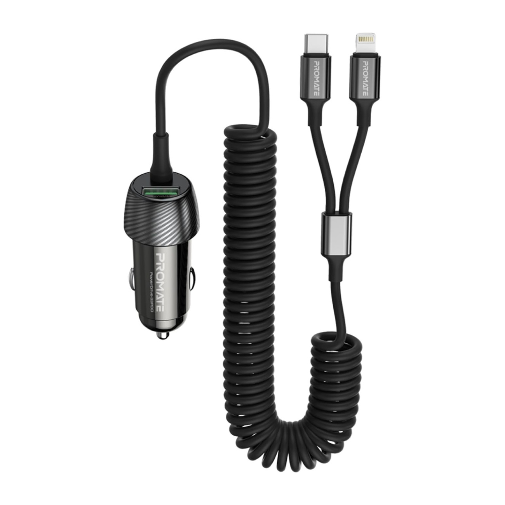 Promate PowerDrive-33DCI 33W Car Charger with Built-in USB-C & Lightning Cable