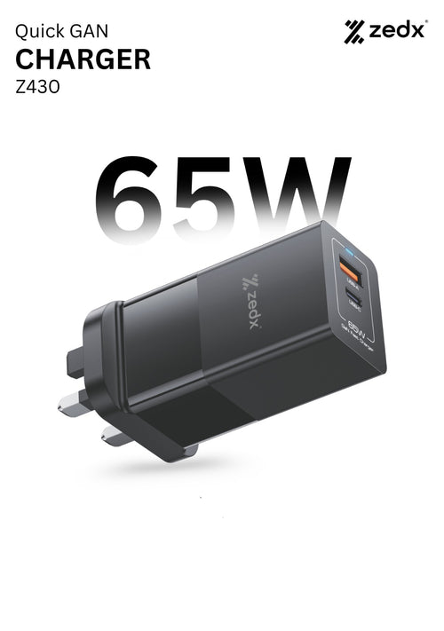 ZedX Z430 65W GaN Fast Charger | Dual Port USB-C & USB-A | UK Plug | Includes USB-C to C Cable
